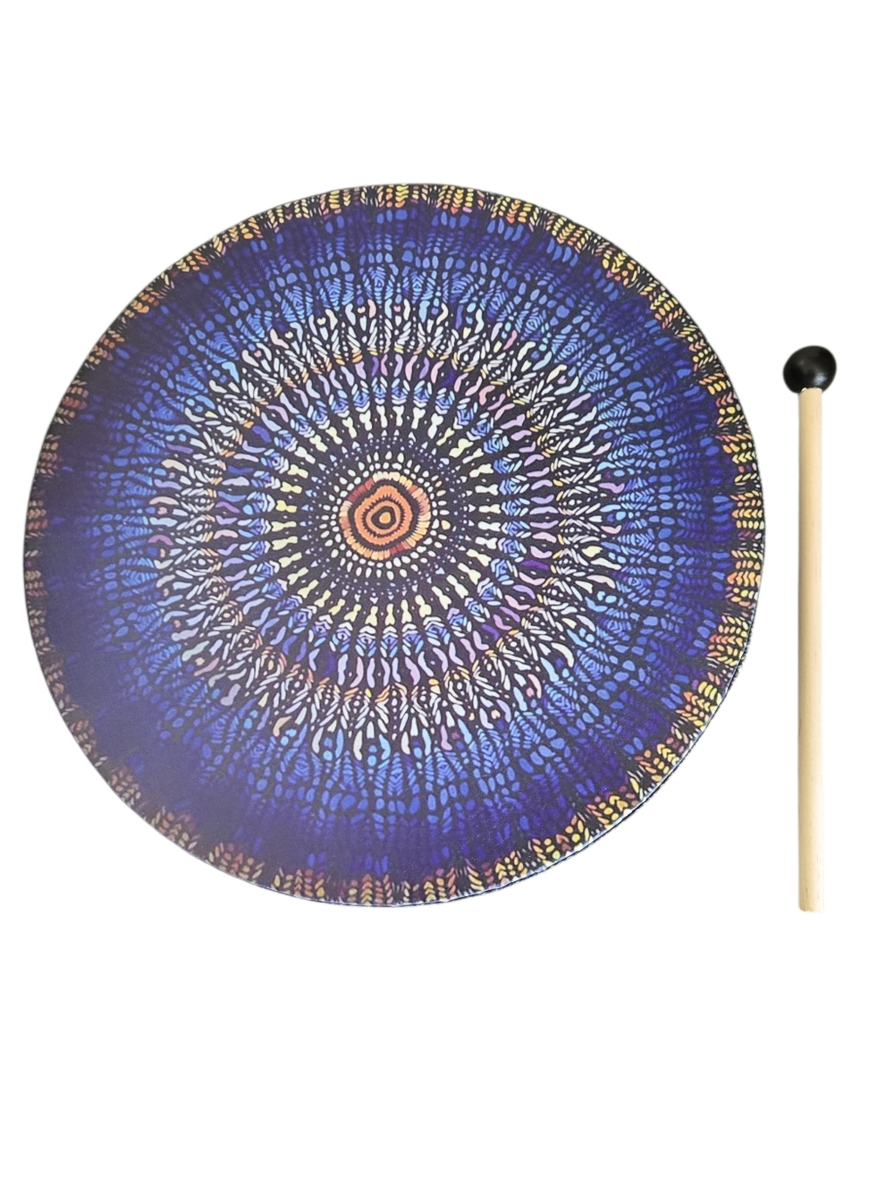 Intricate Blue and Brown Mystical Shamantic Tree Godess Moon Drum with Beater